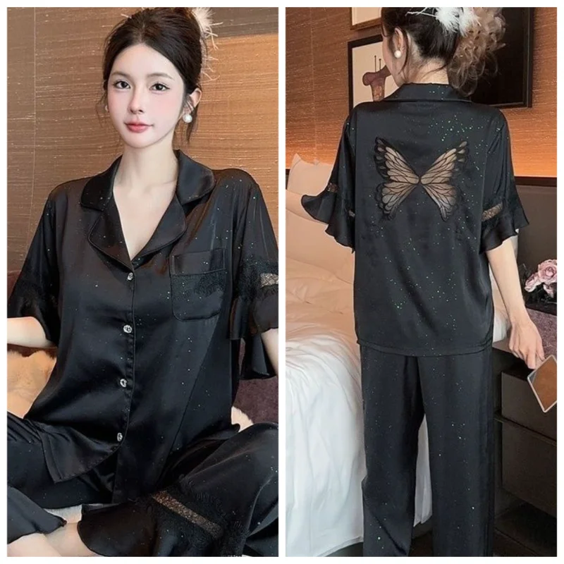 Extra-size 140KG Fat Mm Pajamas Women Summer Long Sleeve Pants High-grade Princess Fashion Loose Home Wear Pure Color Sleepwear