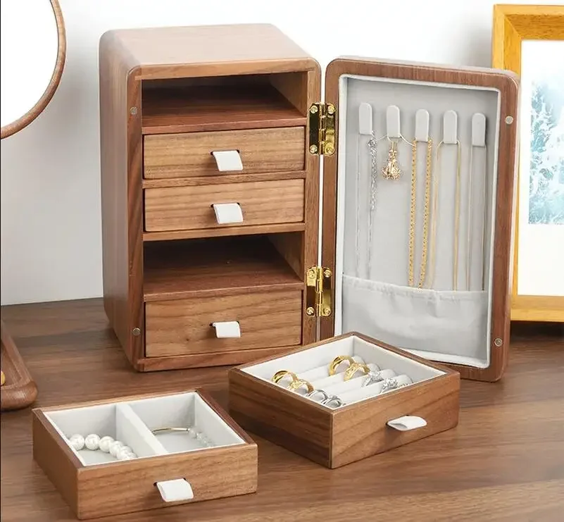 Walnut Jewelry Box 5-layer Wooden Storage Refrigerator-shaped Drawer Organizer Brass Handle Tray