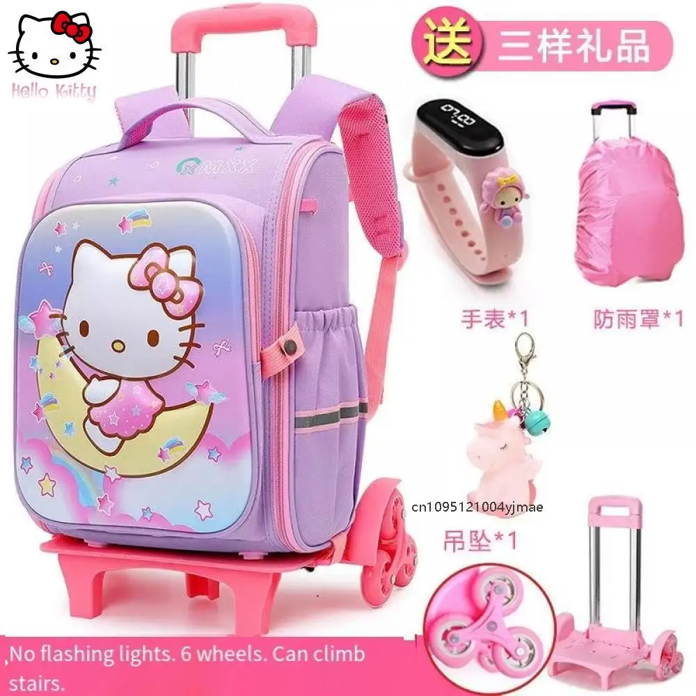 

Hot Sanrio Student Six-Wheel Trolley Schoolbag Hello Kitty Cartoon Water Proof Climb Stairs Bag School Gift Kawaii Backpack Cute