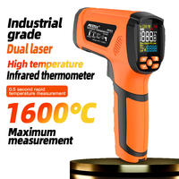 1600°C Digital Thermometer Non-contact High Temperature Pyrometer Meter Infrared Emissivity with K-type Probe Dual Laser Alarm