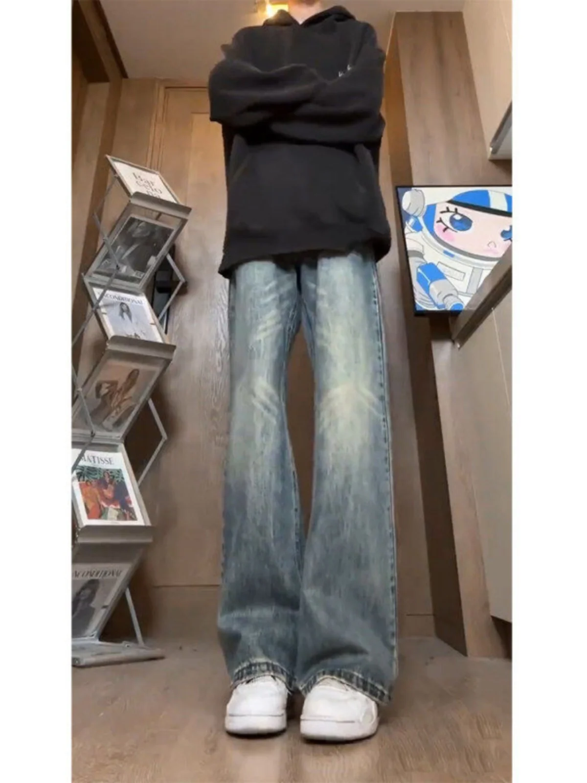 

Retro American Blue Flared Jeans Men's Spring High Street Vibe Fleece Knife Trousers Tall Straight Leg Jeans