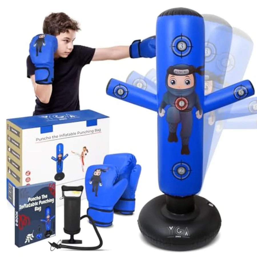 PUNCHO El saco de boxeo para: juego de saco de boxeo estable 3-12 - 63 sacos de boxeo inflables para niños 3-8 con bomba de guantes y libro electrónico - Fas