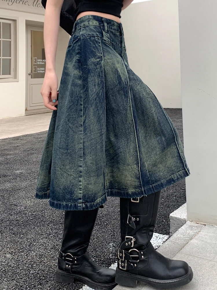 Rok Denim Y2K wanita, bawahan Denim 2000s Harajuku Fashion Y2K, jalanan tinggi, longgar, panjang selutut, Midi, rok jeans lipit A-line