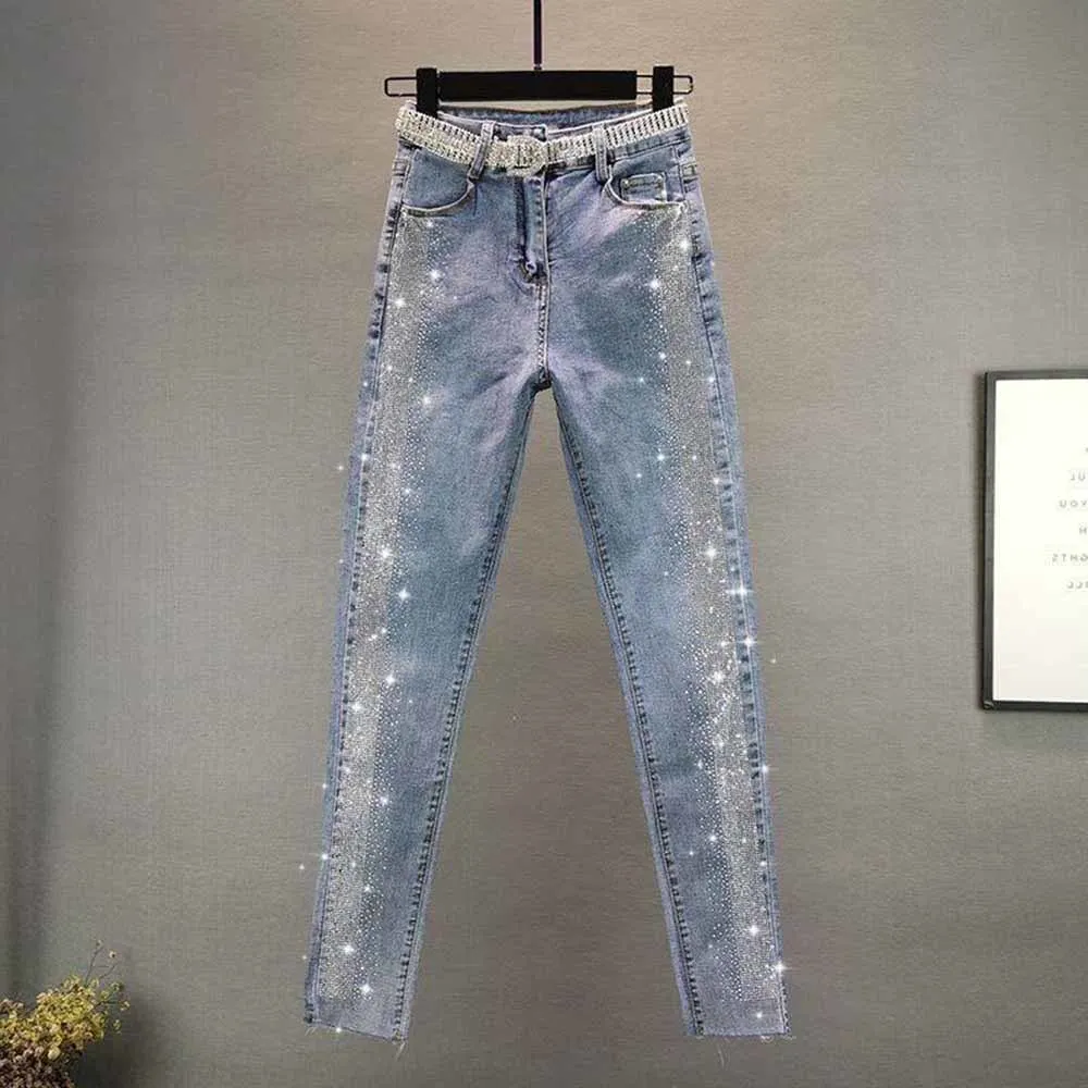 

Spring Autumn Streetwear Women Vintage Blue Slim Diamonds High Waisted Jeans Ankle-length Denim Pants Trousers 5XL