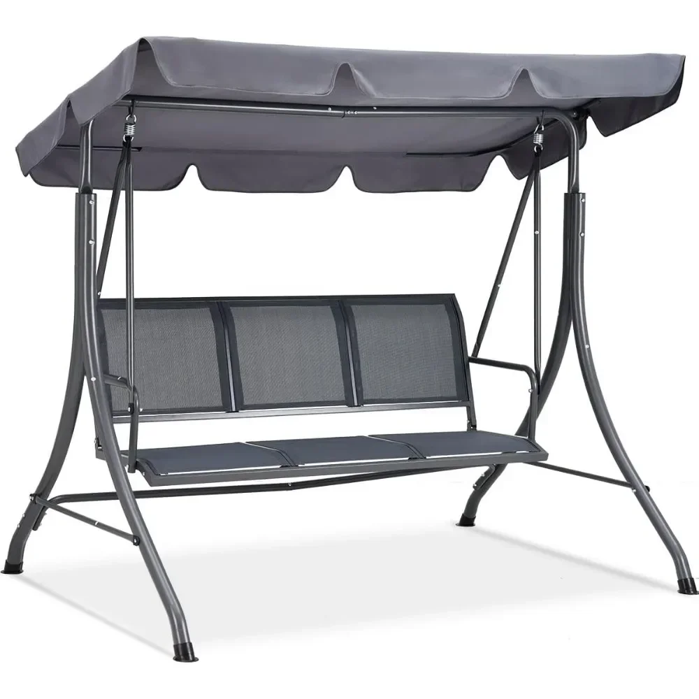

Outdoor Patio Swing Chair 3-Person Armrest Seat, Canopy Porch Swing w/Adjustable Shading, Heavy-Duty Powder-Coated Swing Sets