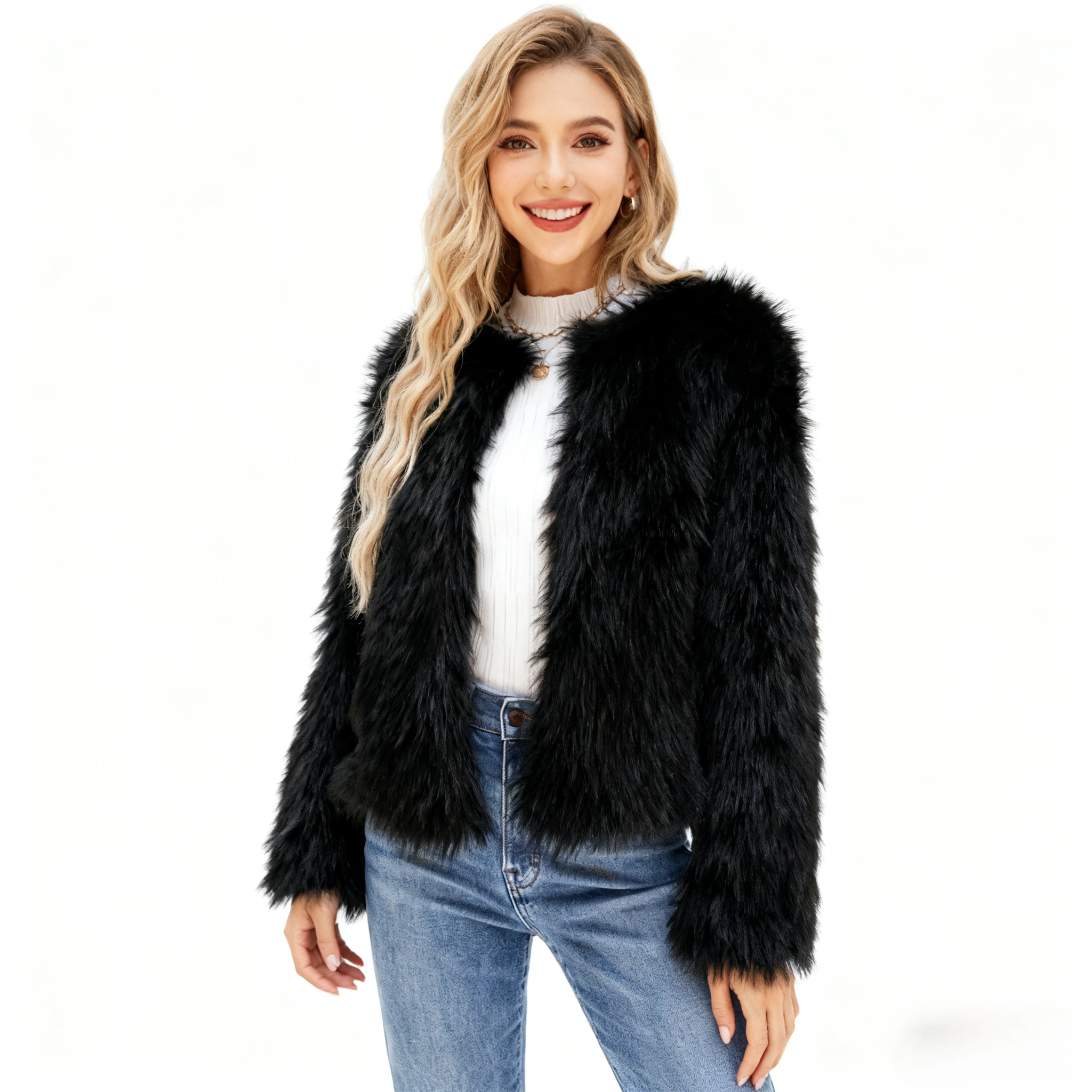 العمل معاطف قصيرة فو الفراء Woemn معطف الرقبة المستديرة الفراء سميكة الدافئة ملابس خارجية Y2k الشارع الشهير أنيقة المفتوحة غرزة الخريف الشتاء #1