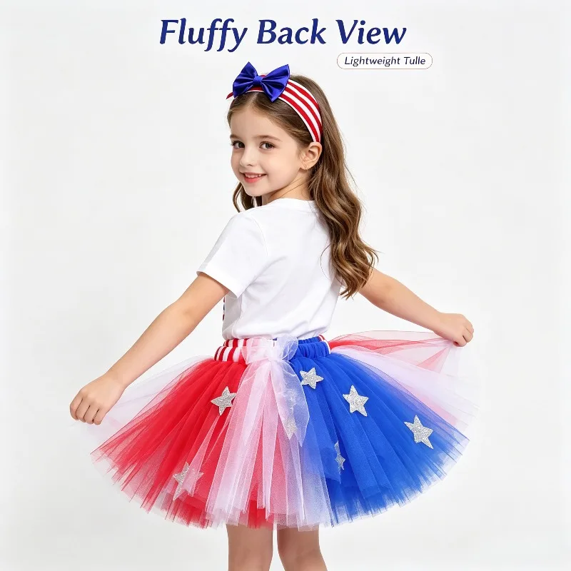Independence Day Bunny Blue&Red Tutu Skirt Bow Mesh Half Skirt with Hair Accessory Holiday Carnival Fluffy Tulle Party Outfit