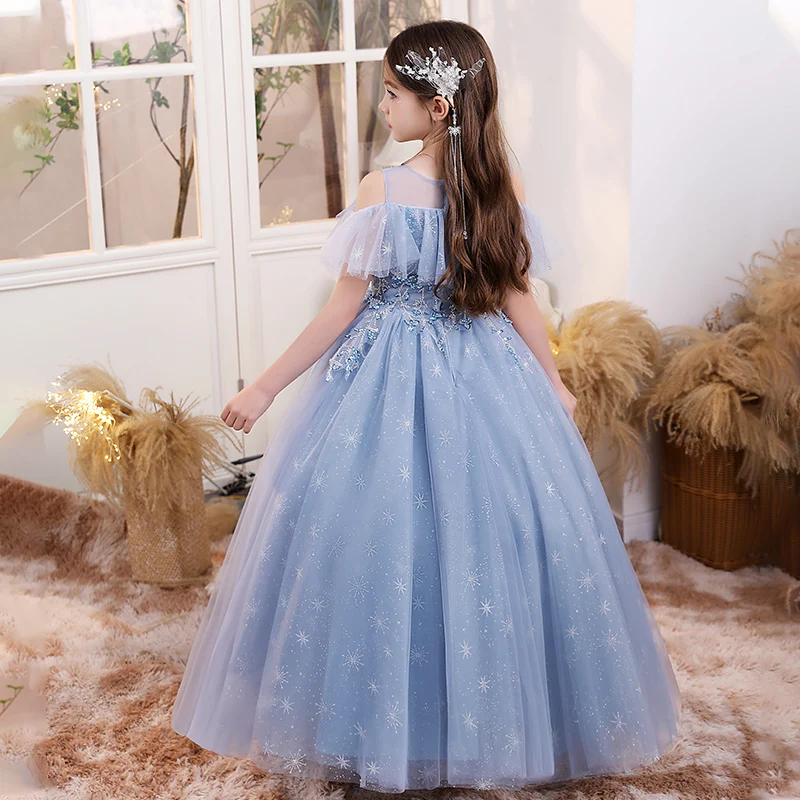 Girls dress round neck floor length sky blue mesh tulle skirt bridesmaid dress New Year's Day dress