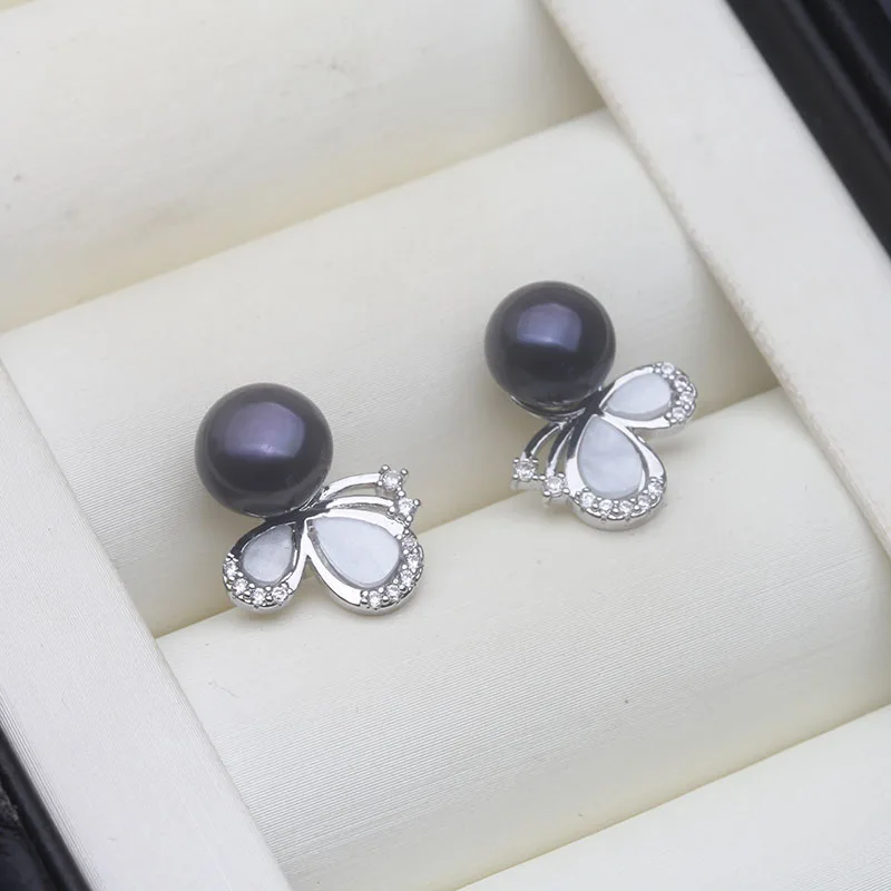 

Genuine Butterfly Silver 925 Pearl Earrings,Black Original Natural Fresh Water Mini Pearl Earrings Wife Mother Party Gift Pink