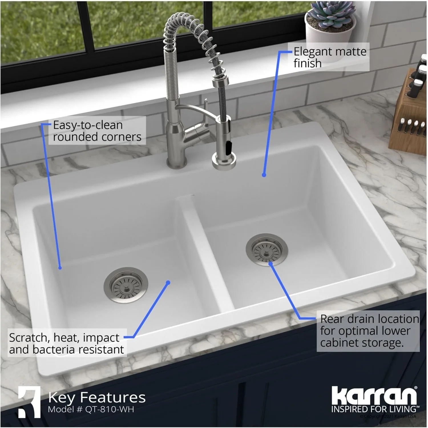 Karran QT-810 33 "X 22" X 9 "lavello da cucina al quarzo a doppia vasca con montaggio superiore in bianco USA