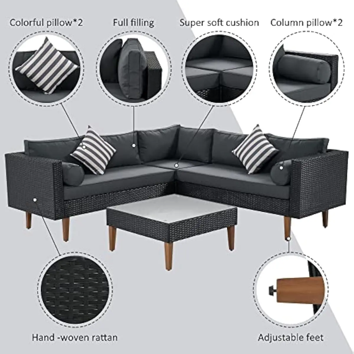4-Piece Outdoor Lounge Set Featuring All-Weather Wicker Construction L-Shaped Configuration Tempered Glass Table Two Loveseats O