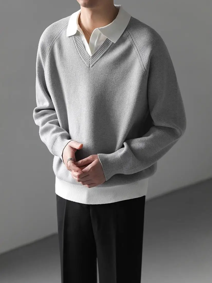 

Мужской свободный свитер с воротником и цветными вставками, осенне-зимний базовый слой, стильный дизайн