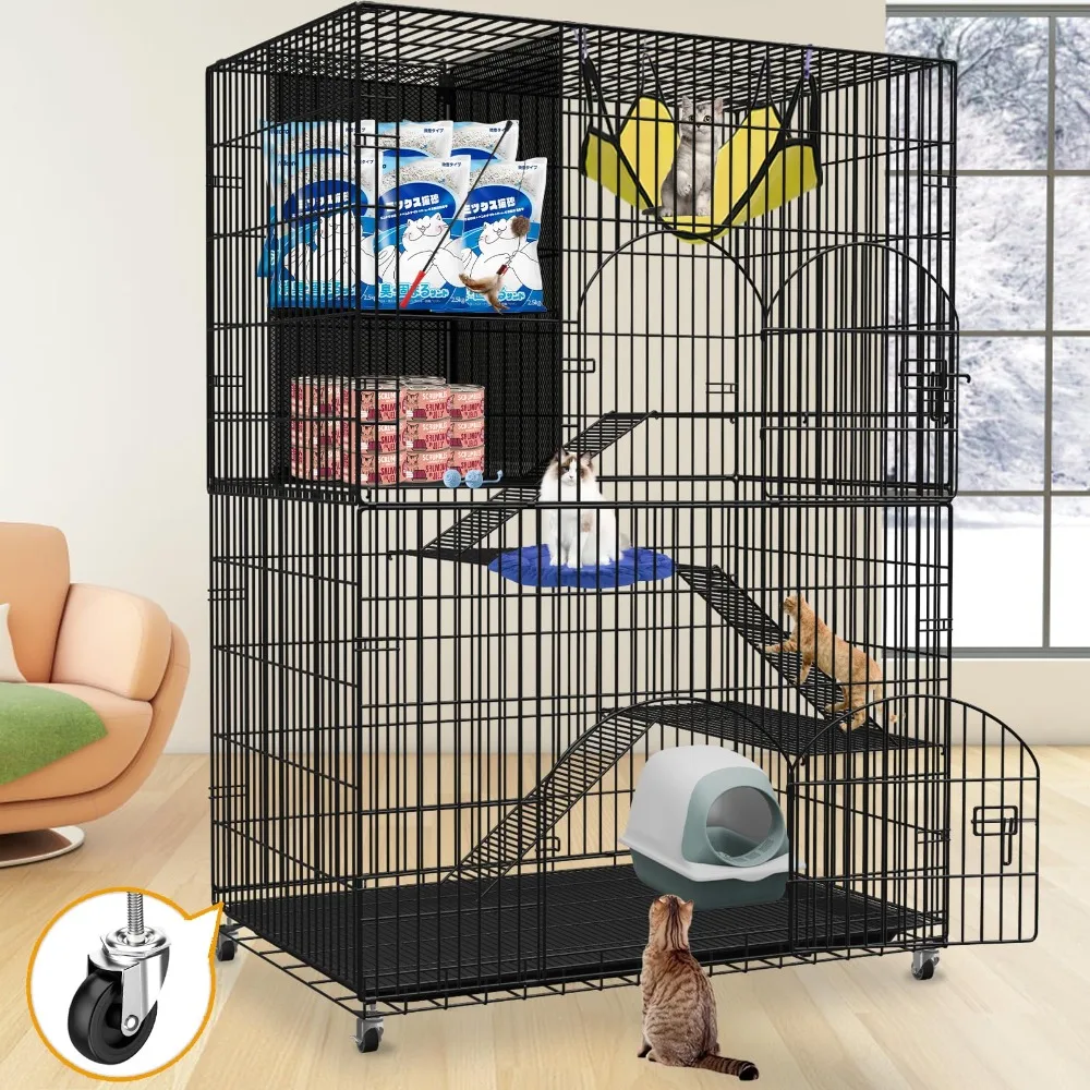 Extra Large Collapsible Cat Cage Indoor with Storage Cube, 4-Tier Cat Crate Black Metal Cat Enclosure with 360°