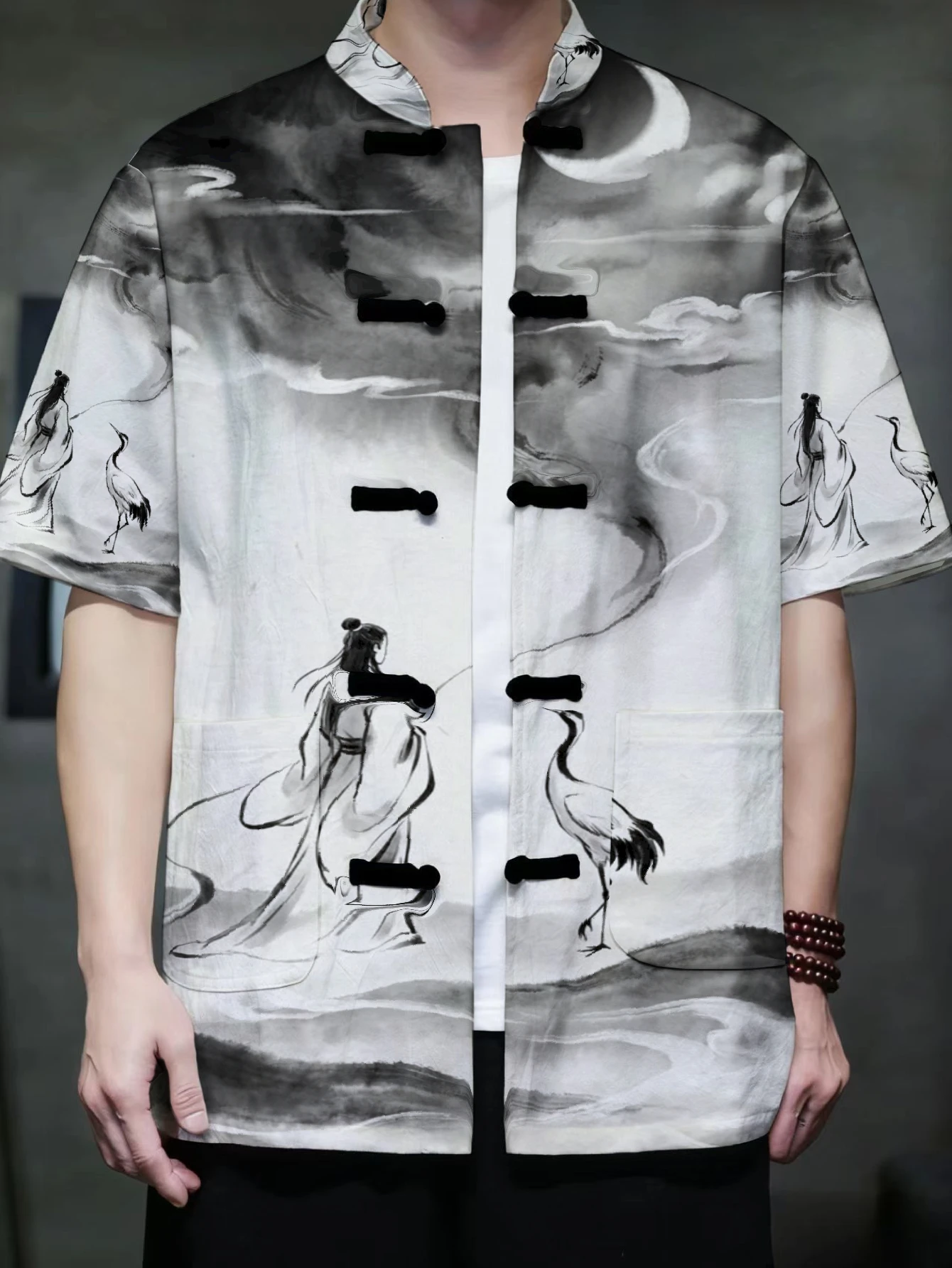 Men Chinese Ink Painting Tang Suit Short Sleeve Jacket Mandarin Collar Frog Button Ancient Figure Crane Cloud Print Loose Open F