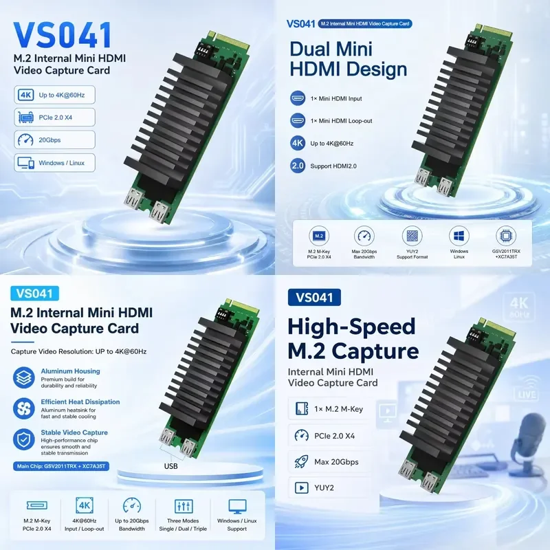 AP01 for M.2 M-Key PCIe 2.0 X4 Capture Card 4K60 Mini Input Loopout YUY2 Single Dual Triple Mode Internal PC Video