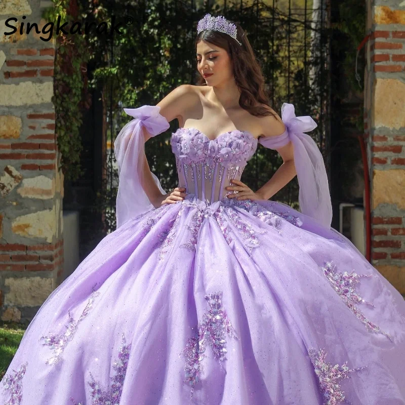 Vestido De baile De princesa púrpura lavanda, quinceañera, cintas, flores, Apliques De encaje, cuentas, 15 años, dulce, 16. ° vestido