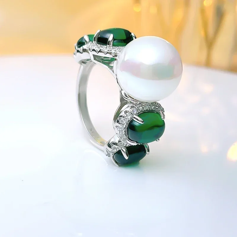 Desire Light Luxury 925 Sterling Silver Beimu Pearl Chalcedony Ring Set with High Carbon Diamonds