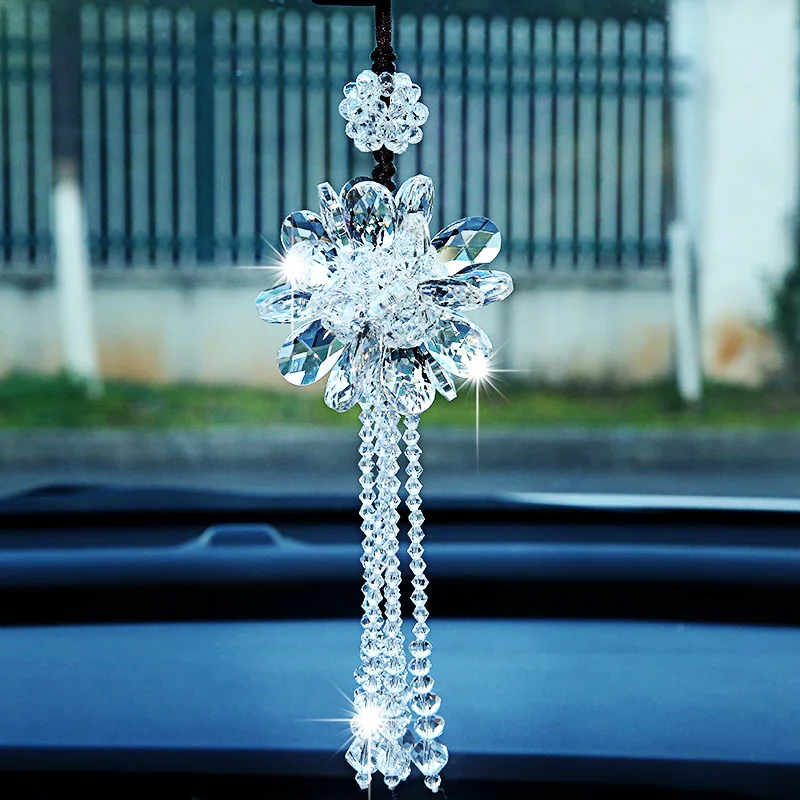 High-end Rhinestone Tassel Car Pendant Creative Rearview Mirror Crystal Flowers Car Ornament Auto Interior Decortion