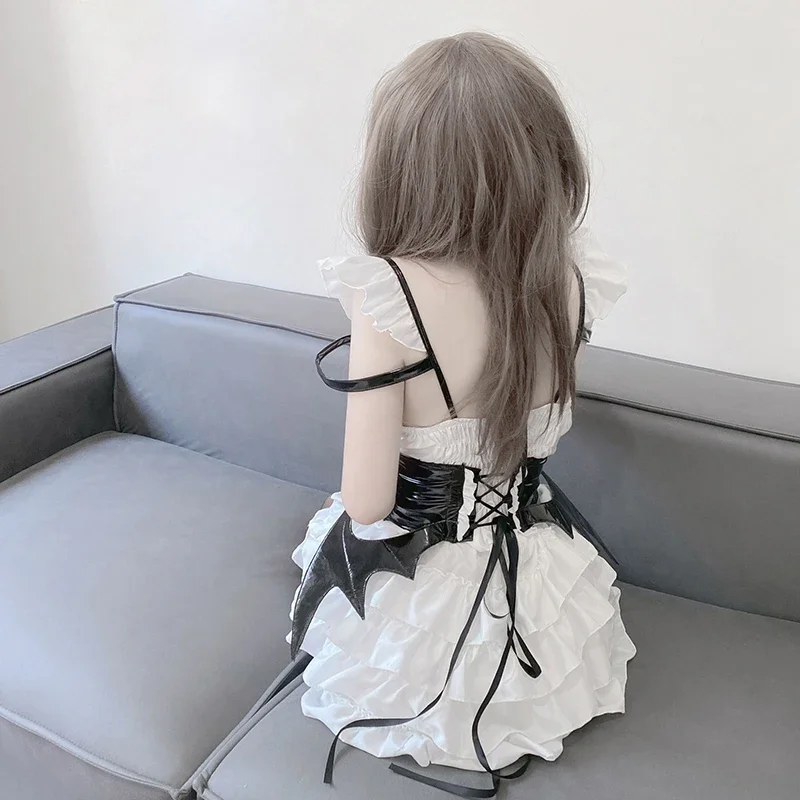 Robe cosplay gothique Lolita pour petites filles, jolie mini robe dos nu à volants et bretelles avec aile, Halloween 303