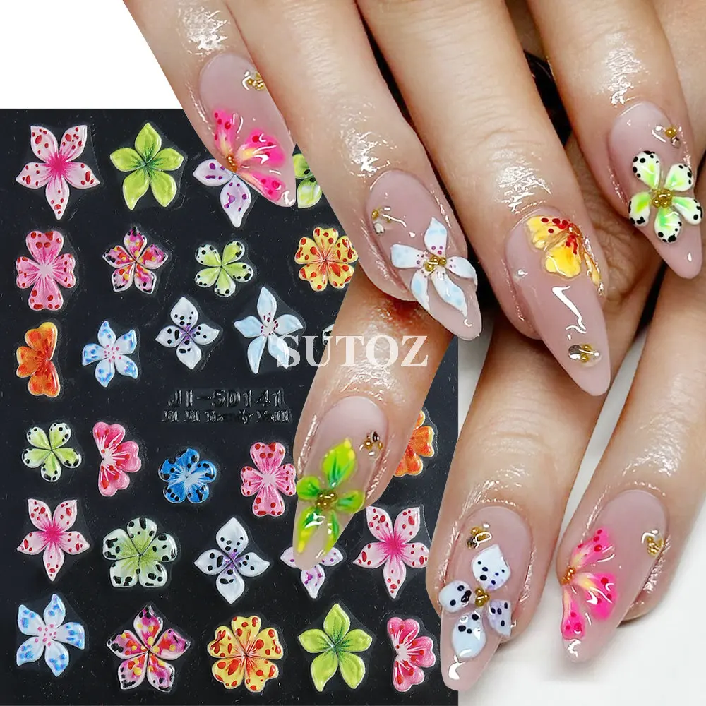 5D Gold Hawaiian Flower Nail Art Stickers Colorful Hibiscus Petal Decal Relief Lily Nail Sliders Charms Manicure Decors LEBJI-5D