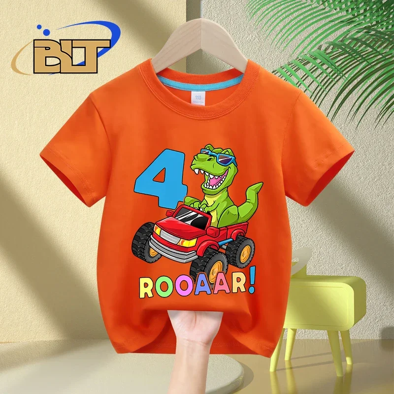 T-shirt di compleanno per bambini con stampa di camion di dinosauri di 4 anni estate regalo a sorpresa a maniche corte in cotone per bambini