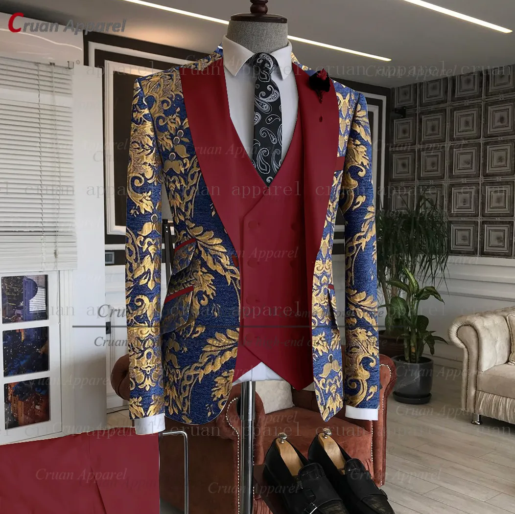 Gold Floral Printing Suit Mens Slim Fit Custom Made Luxury Wedding Groomsman Groom Suit Velvet Shawl Lapel Blazer Vest Pants Set