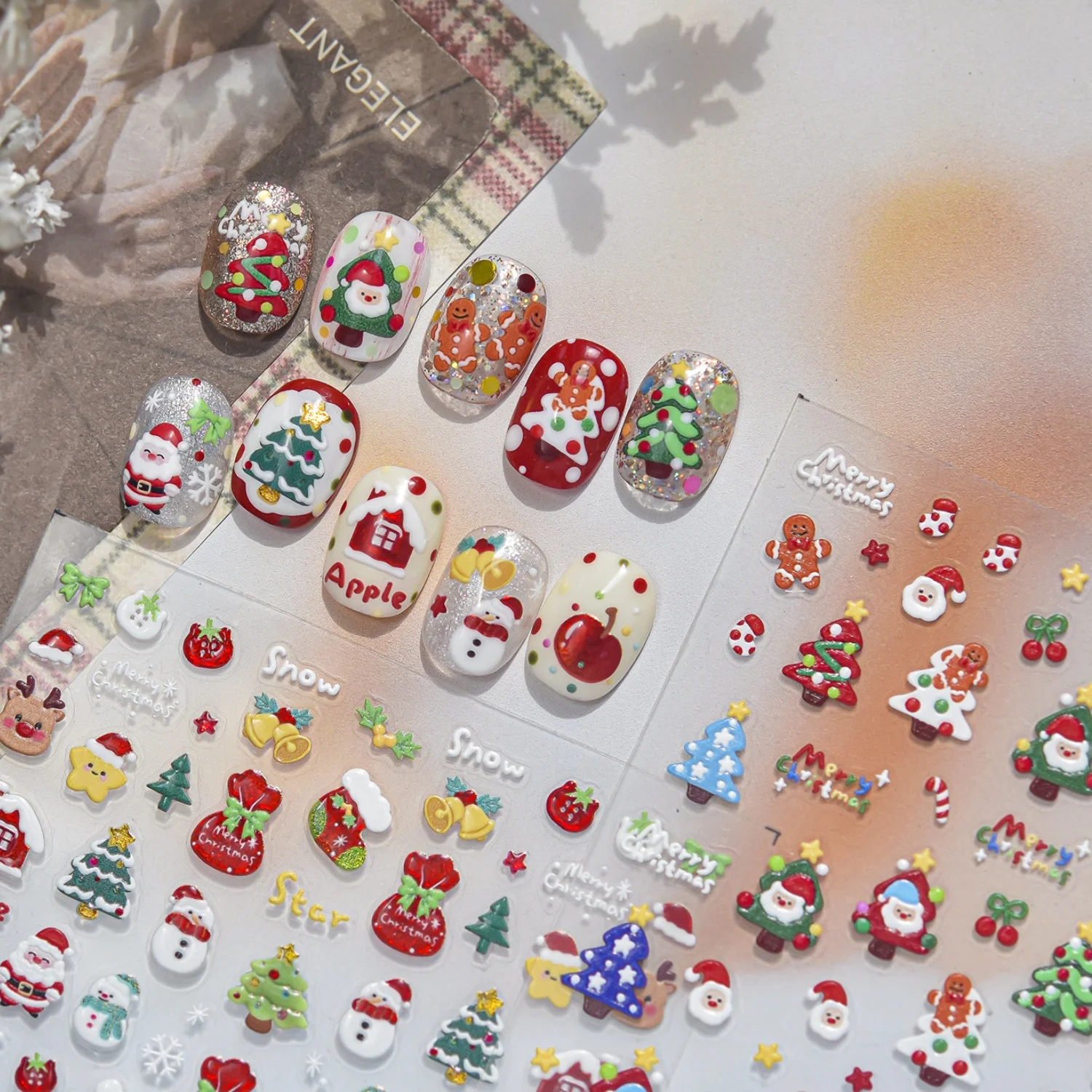 Cute Cartoon Xmas 5D Nail Stickers Santa Claus Snowman Elk Apple Gingerbread Man Bell Mini House Christmas Tree Nail Art Decor