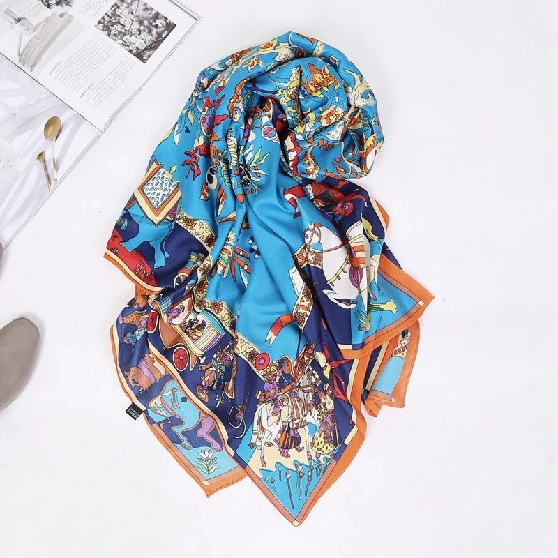 Sciarpa di seta estiva Grande punteruolo in raso da donna Spiaggia Viaggi Protezione solare Stampa floreale Fibra di poliestere multifunzionale Coreano S...