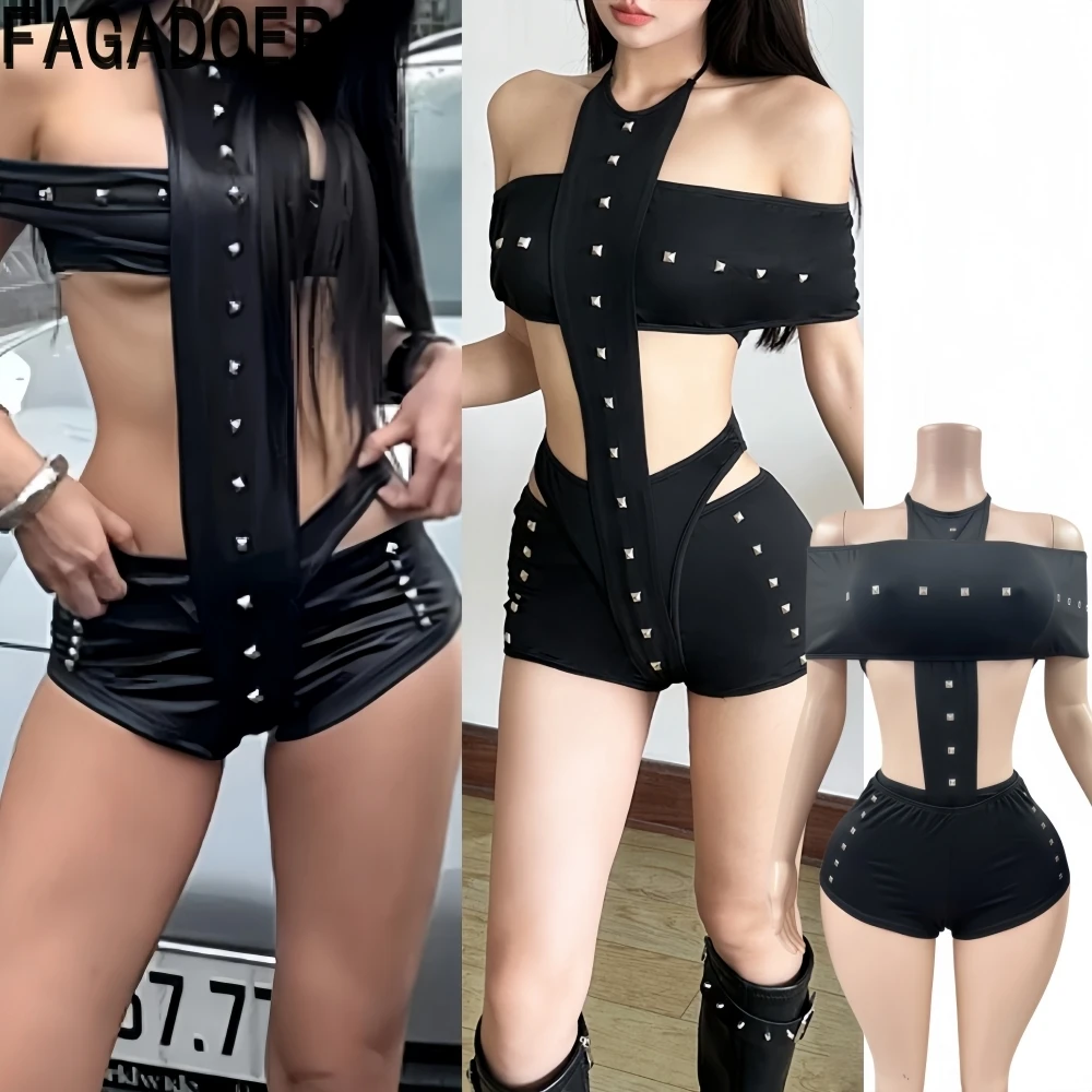 

FAGADOER Sexy Rivet Patchwork Bodycon 2 Pieces Set for Woman Halter Off Showlder Crop Top and Shorts Midnight Female Clubwear