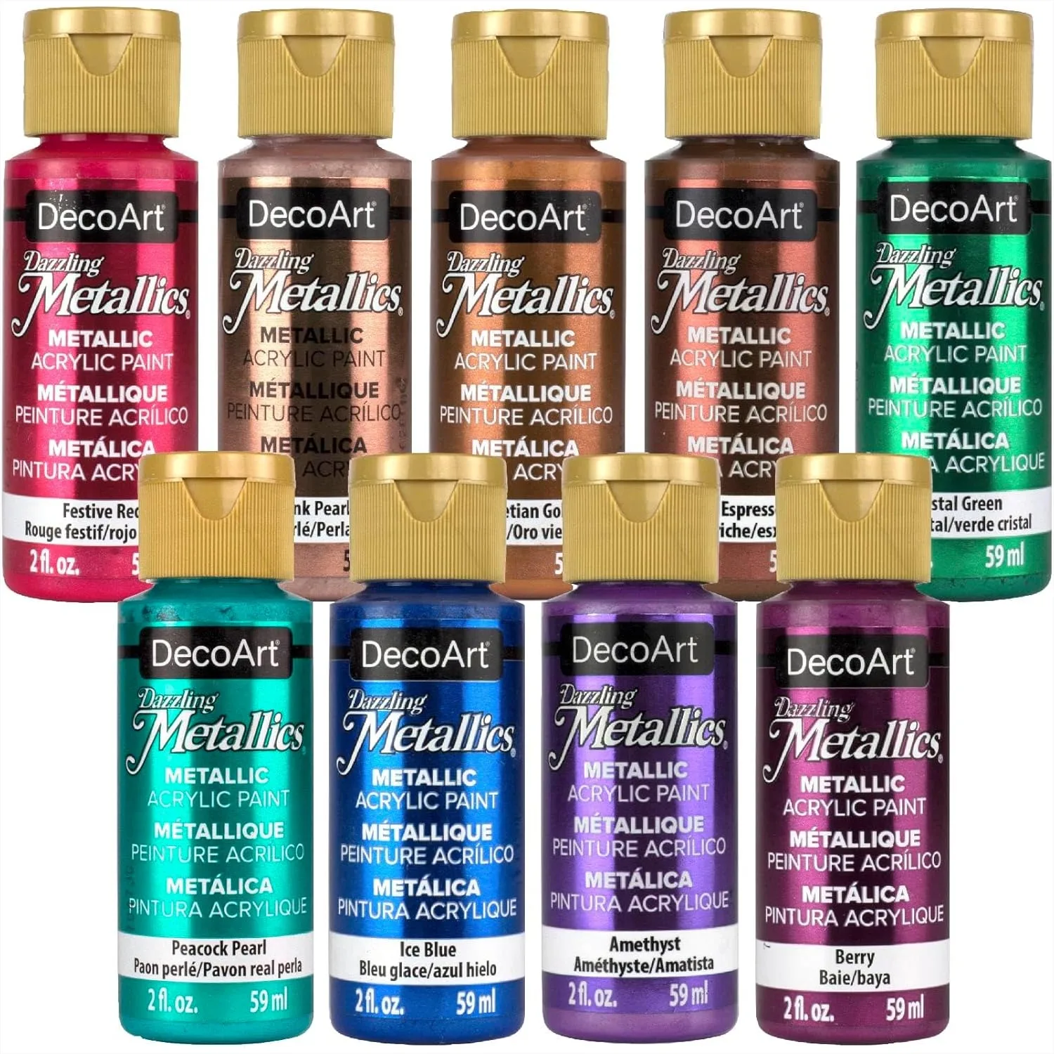 

Metallic Acrylic Paint Set 9 Colors 2oz Each for Canvas Wood DIY Craft Projects with Rich Coverage