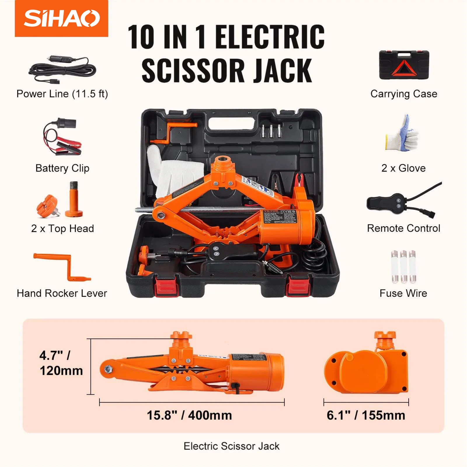 3T 6600lbs Portable Electric Scissor Car Jack 10 in 1 Double‑Saddle Electric Lifting Jack for Sedan SUV and Truck Tire Change