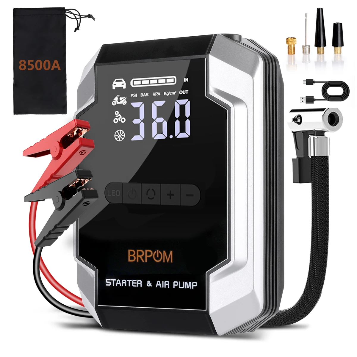 Portable Car Starter with Air Compressor, 5000A Car Battery Charger Power Jumper Starter Pack (All Petrol/8.0L Diesel)