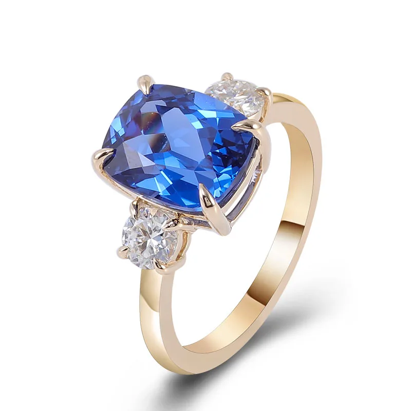 Provence Solid Gold Three Stone Ring Elongated Cushion Lab Blue Sapphire For Woman Girls Party Fashion Jewelry Christmas Gift