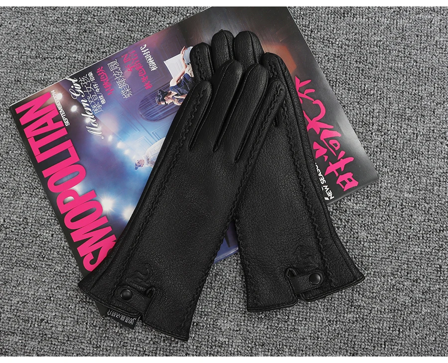 New Women's Genuine Leather Winter Warm Women's Soft 70% Wool Lining Rivet Buckle High-Quality Connected Finger Gloves