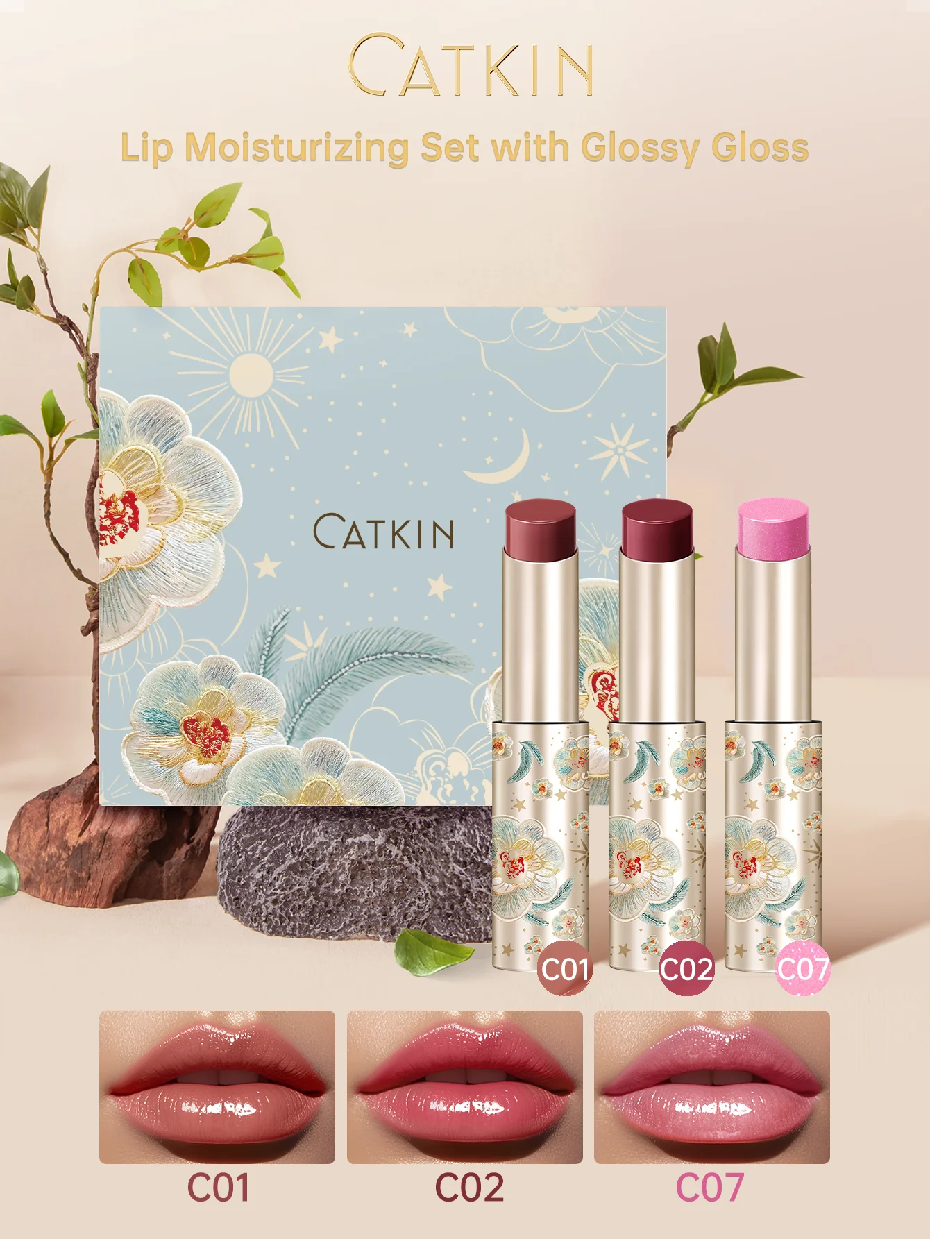 CATKIN Glossy Lip Balm Lipstick 3Pcs Set, Hydrating Mirror Shine, For Halloween Cosplay & Gothic Party Lip Look