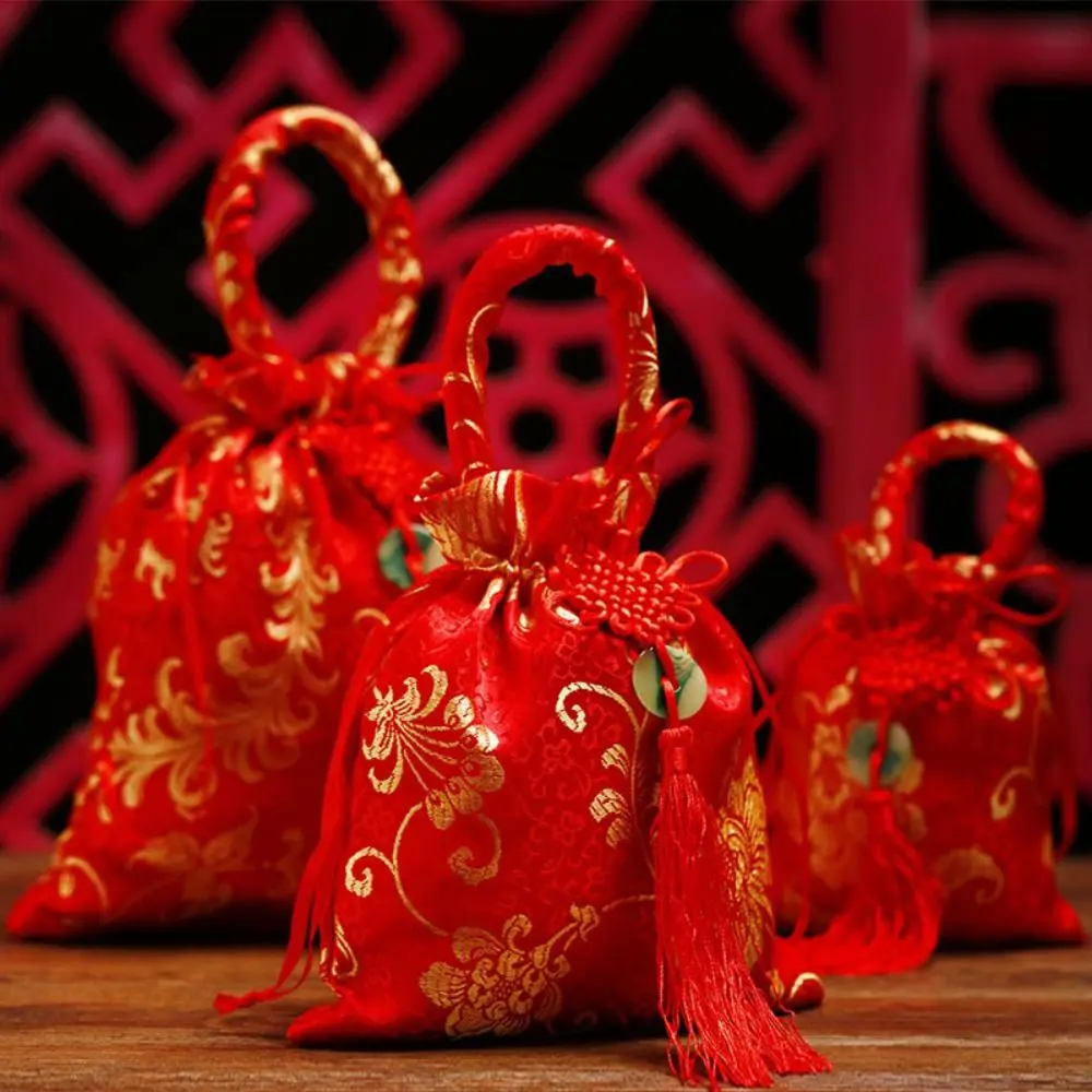 중국 스타일 캔버스 꽃무늬 드로스트링 백 손목 가방 대용량 중국 매듭 태슬 핸드백 동전 지갑 보관 가방