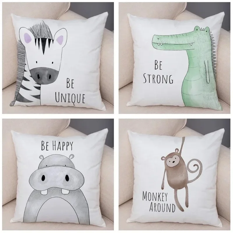 Nordic Be Brave Zebra Hippo Double-sided Printed pillow cover Short plush Suitable living rooms bedrooms throw cushion cover