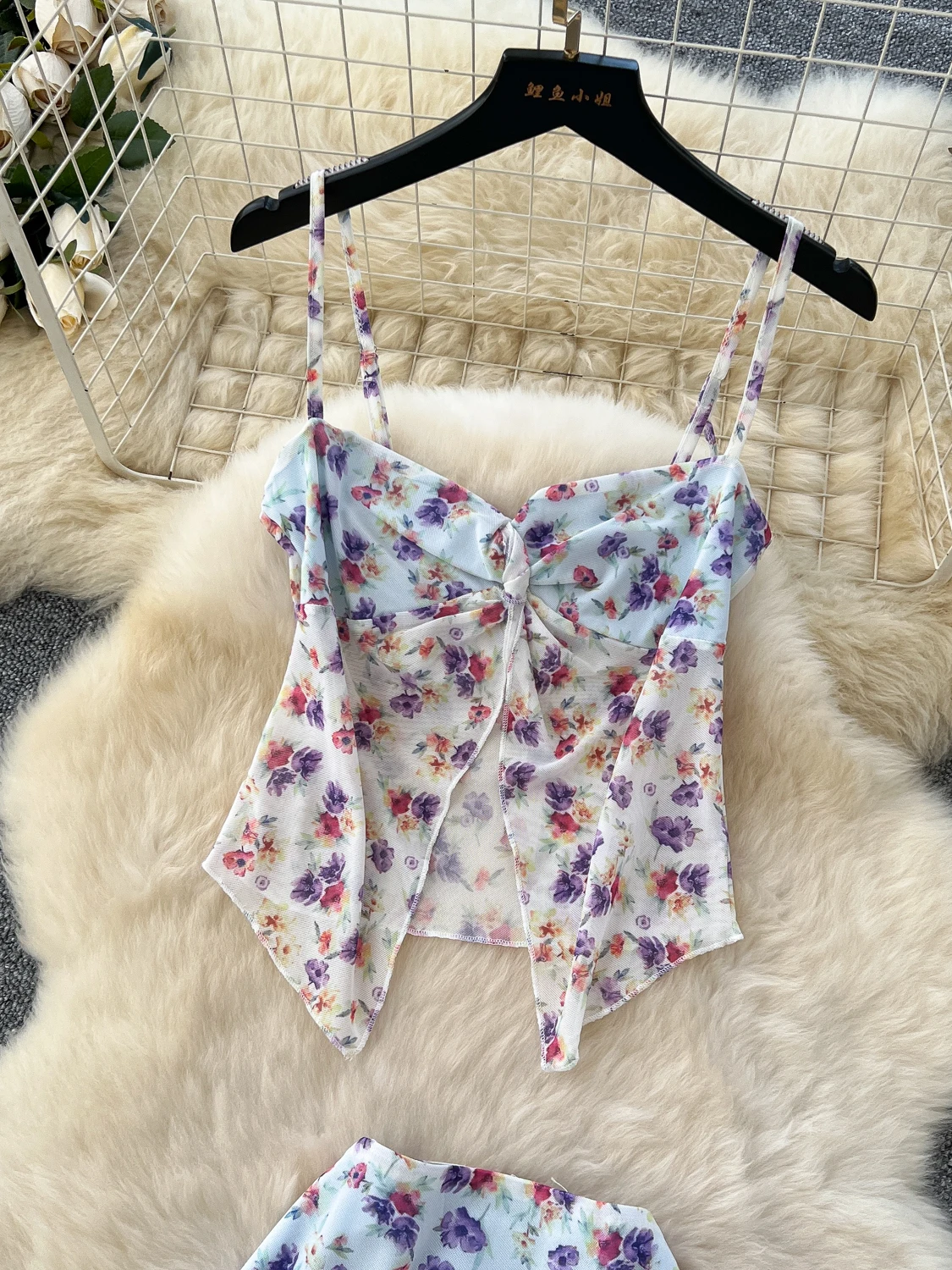 Summer Vaion Women's High Waist Floral ter Vest And  Skirt Two Piece Set Knot Slit Design ort Sve V Ne