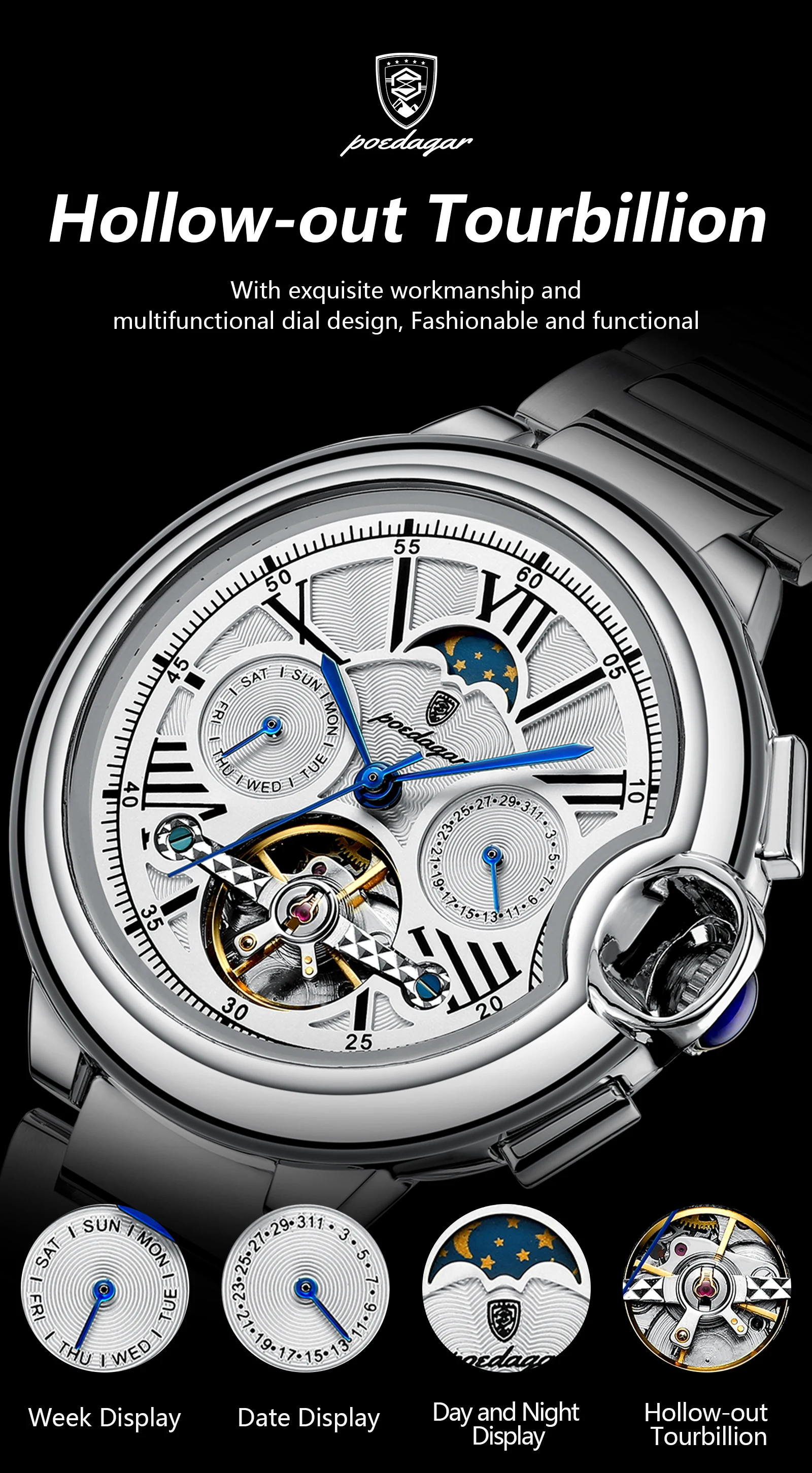 POEDAGAR Luxus Business Männliche Uhr Datum Woche Edelstahl Tourbillon Männer Uhr Wasserdichte Automatische Mechanische herren Uhren – Detail 8