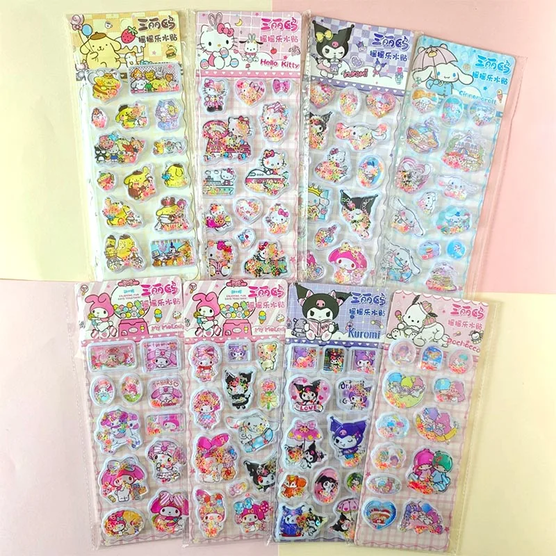 Sanrio Kawaii Água Adesivos, Melodia, Cinnamoroll, Kuromi, 3D Decorativo, Bonito Papelaria Presente, Material Escolar, 8Pcs por lote