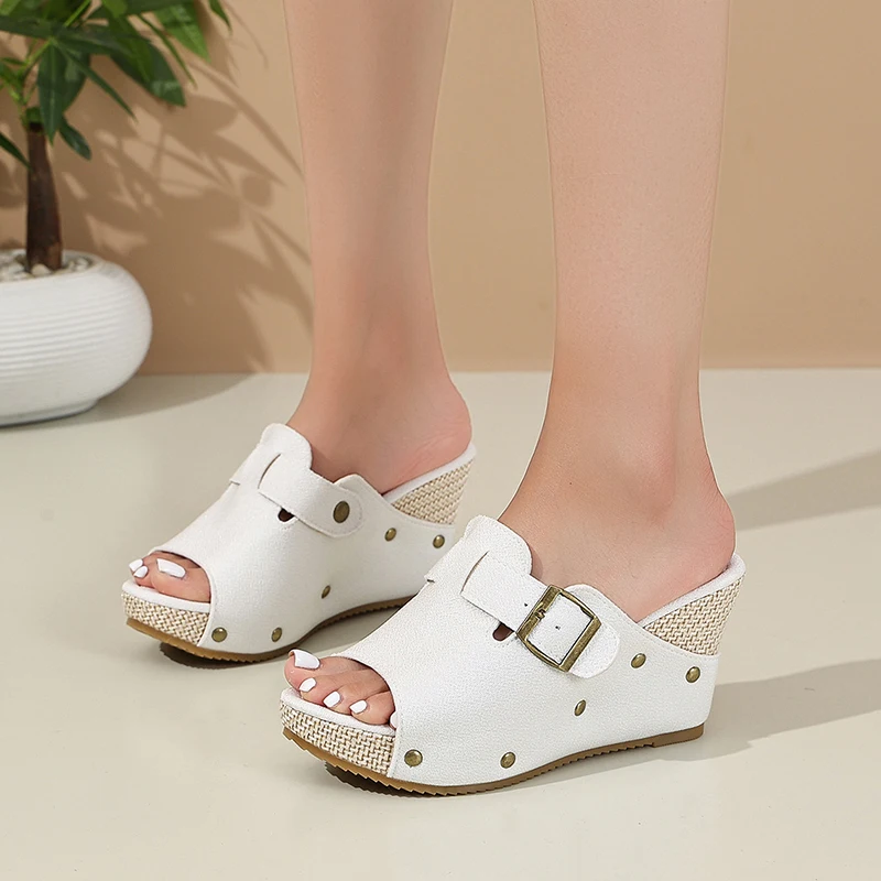 

Wedge Slippers Fashion Round Toe Open Toe Metal Buckle Platform Slip Fish Mouth Heels