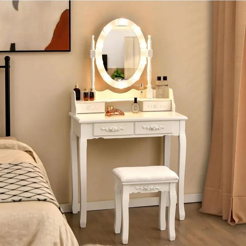 Makeup Vanity Table with 10 LED Lights, Adjustable Brightness, 3 Color Light Modes, 4 Drawers, Rotatable Mirror, Cushioned