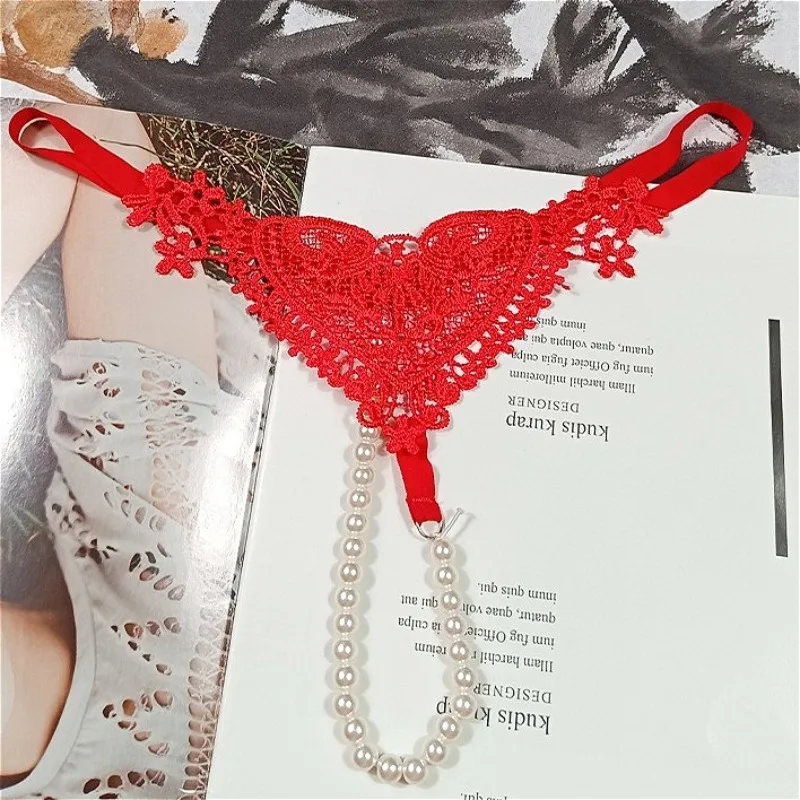 

Embroidered Pearl Thongs Women's Sexy Exotic Underwear Lace Mesh Hollow Strap Female T-Back Briefs High Elasticity