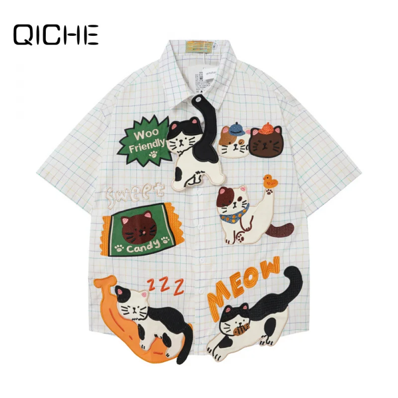 QICHE Unisex Trendy Short-Sleeve Shirt American Retro Plaid Multi-Style Cat Appliqué Letter Embroidery Loose Casual Shirt