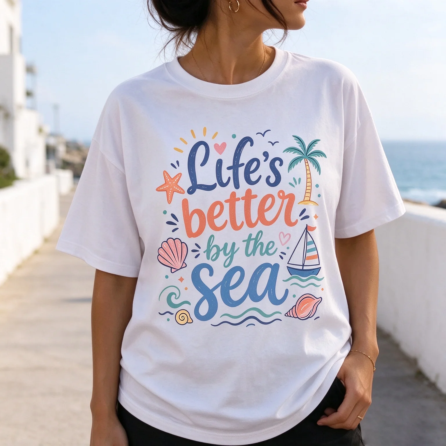 Women Life's Better By The Sea Palm Tree Sailboat Seashell Starfish Graphic Cotton Crew Neck Short Sleeve Tee Beach Casual Tops