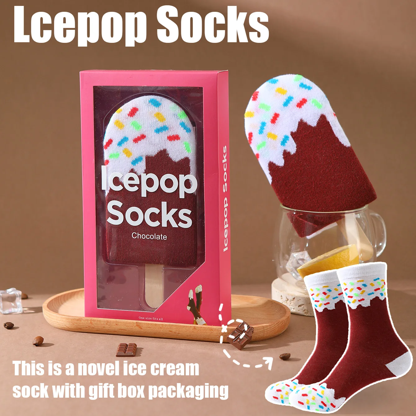1 pair of unisex mid-calf socks in a novelty and fun chocolate ice cream popsicle gift box, creative socks with a fashionable and trendy style, comfortable and breathable, suitable for parties, casual wear, Valentine's Day, Halloween, birthdays, Christmas, New Year, Thanksgiving, autumn and winter, all-season use, creative gift box