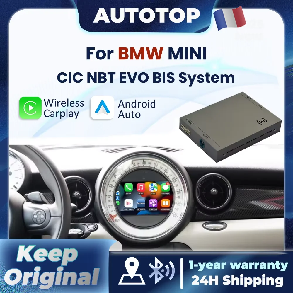 AUTOTOP Décodeur sans fil CarPlay Android Auto pour BMW Mini R55 R56 R57 R58 R60 R61 F54 F55 F56 Clubman Countryman Hardtop Cooper John Cooper Works NBT CIC EVO BIS avec module BT AUX MirrorLink