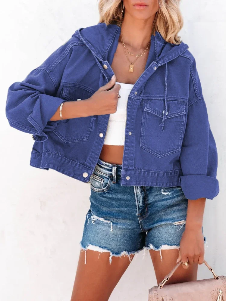 Moda novas jaquetas para mulheres 2025 com capuz denim jaqueta feminina vintage jean casacos casuais manga longa roupas superiores femininas streetwear
