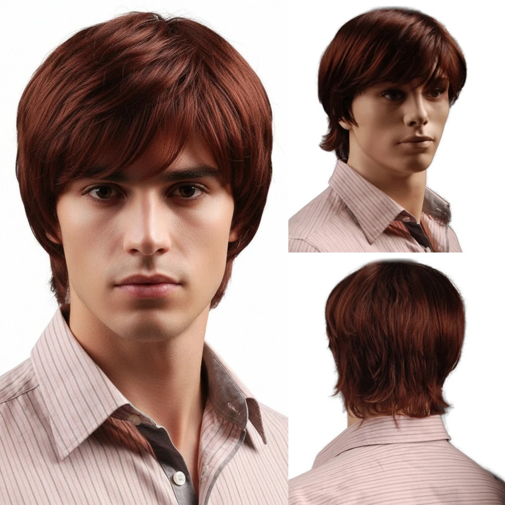 

MSIWIGS 8-дюймовые короткие синтетические парики для мужчин, красновато-коричневый прямой мужской парик с челкой, термостойкий