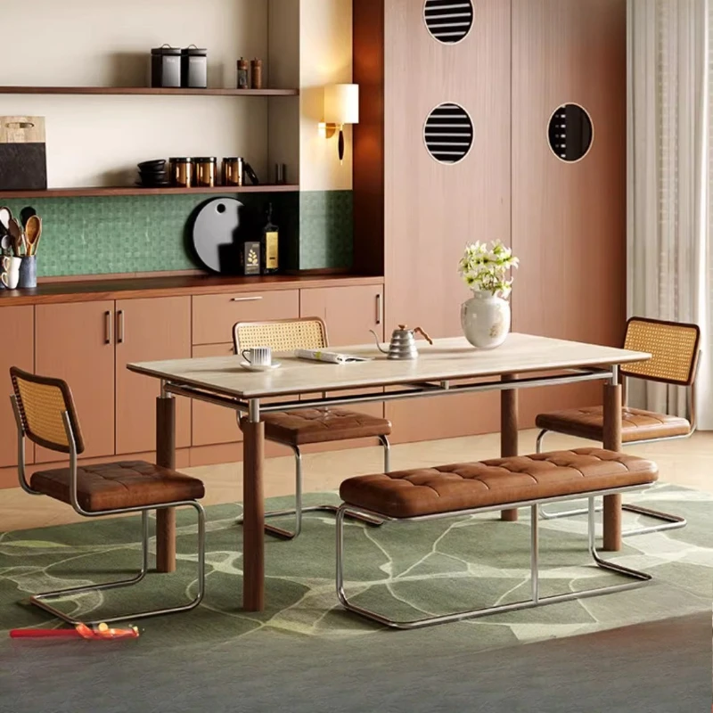 

Обеденный стол и стулья из каменной плиты, травертин, антикварная нержавеющая сталь, ясеневое дерево, массив дерева, обеденный стол из каменной плиты для любого времени года.